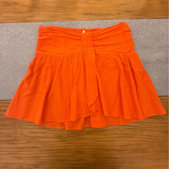 Free People Orange Smocked Elastic Waist Mini Skirt Pleated Gauze Ruffles Large - Picture 2 of 10